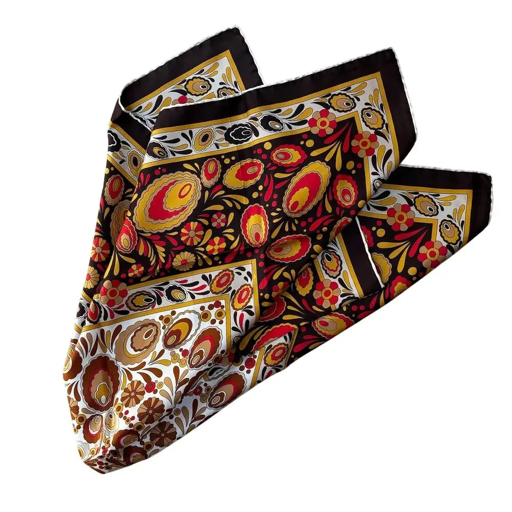 Vintage 70s silky square scarf brown tan gold orange paisley print hand rolled